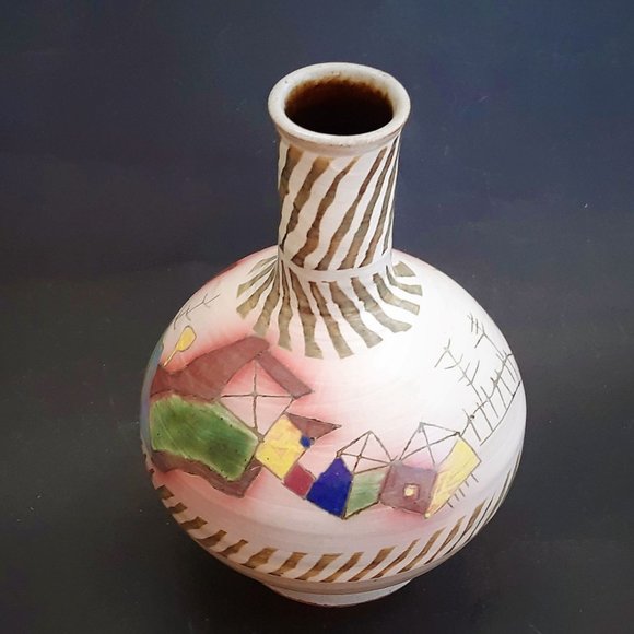 VTG Art Pottery Vase Abstract Hand Painted Pastel Colors Rare Signed - Picture 5 of 10